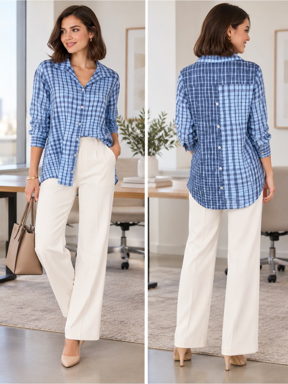 Foxcroft Blue Plaid Button Down Top